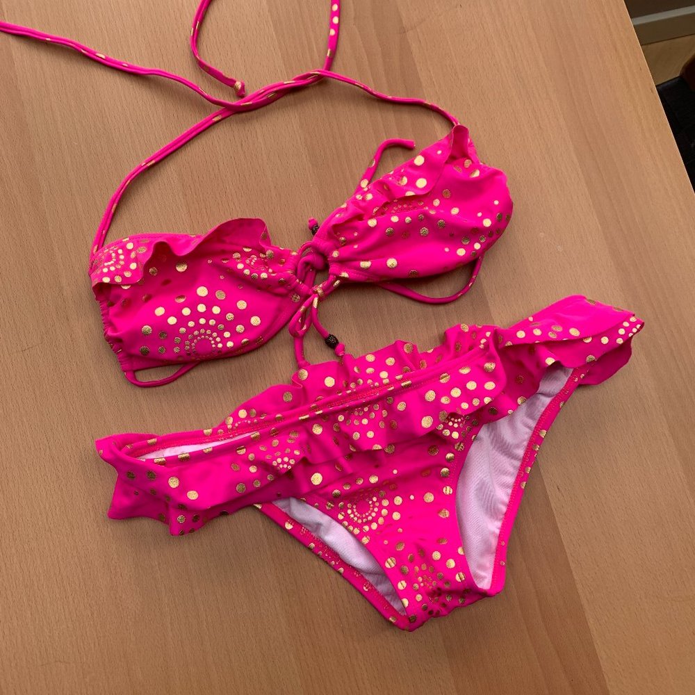 Roxy Hot Pink Gold Dot Ruffle Bandeau Bikini Set Vacation Beach Y2K Summer
